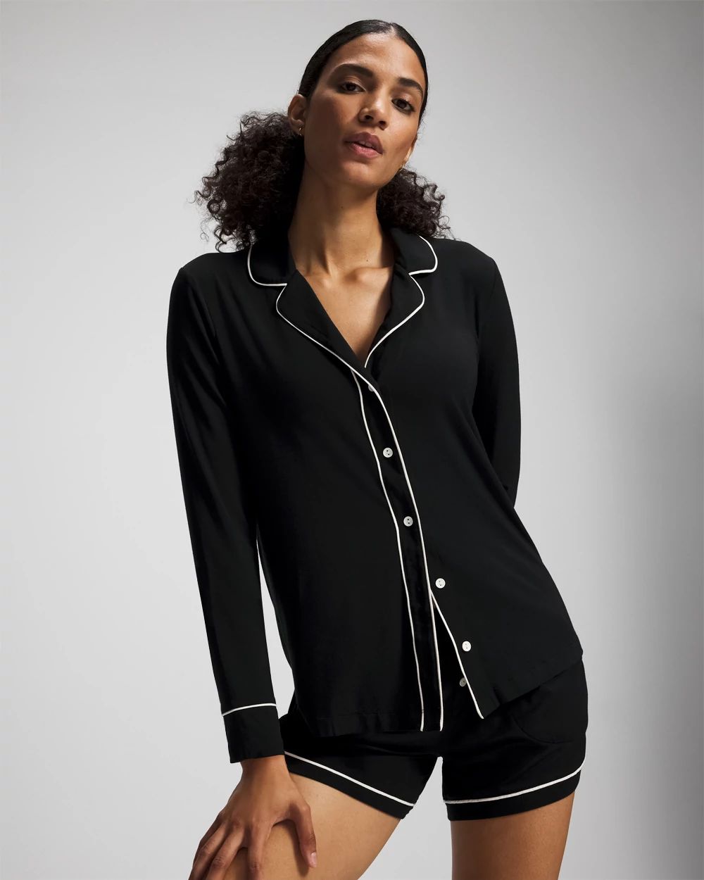 INNAT PAJAMA JACKET スミクロ Long-Sleeve Notch Collar Pajama Top | Soma